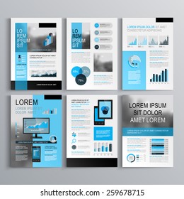 Classic brochure template design with blue shapes. Cover layout and infographics