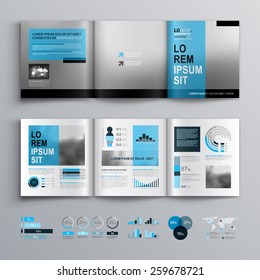 Classic brochure template design with blue shapes. Cover layout and infographics