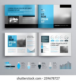 Classic brochure template design with blue shapes. Cover layout and infographics