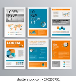 Diseño clásico de plantilla de folleto con formas azul y naranja. Diseño de portada e infografía