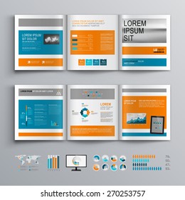 Classic brochure template design with blue and orange shapes. Cover layout and infographics