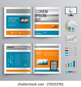 Classic brochure template design with blue and orange shapes. Cover layout and infographics