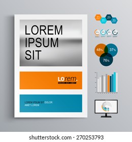 Classic brochure template design with blue and orange shapes. Cover layout and infographics