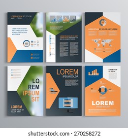 Classic brochure template design with blue, black and red triangle shapes. Cover layout and infographics