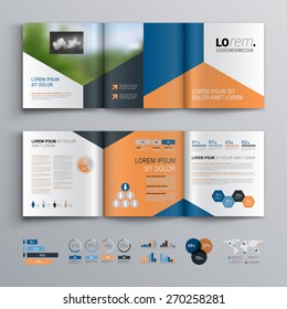 Classic brochure template design with blue, black and red triangle shapes. Cover layout and infographics