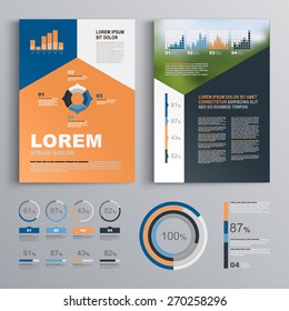 Classic brochure template design with blue, black and red triangle shapes. Cover layout and infographics