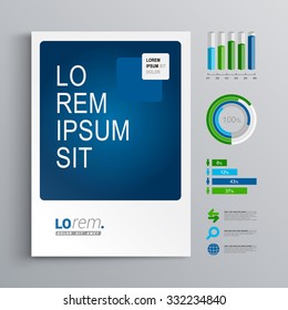 Classic brochure template design with blue and green shapes. Cover layout and infographics