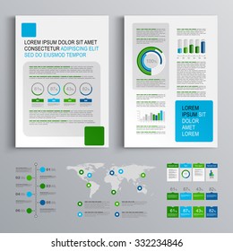 Classic brochure template design with blue and green shapes. Cover layout and infographics
