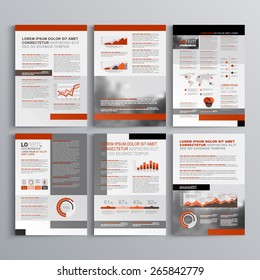 Classic brochure template design with gray and red shapes. Cover layout and infographics