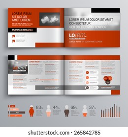 Classic brochure template design with gray and red shapes. Cover layout and infographics