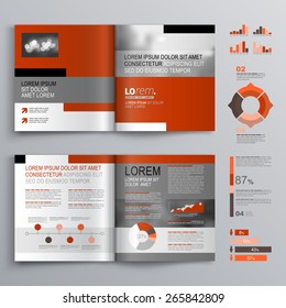 Classic brochure template design with gray and red shapes. Cover layout and infographics