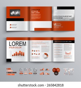 Classic brochure template design with gray and red shapes. Cover layout and infographics