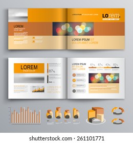 Classic brochure template design with orange and brown shapes. Cover layout and infographics