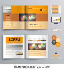 Classic brochure template design with orange and brown shapes. Cover layout and infographics
