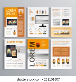 Classic brochure template design with orange and brown shapes. Cover layout and infographics