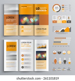 Classic brochure template design with orange and brown shapes. Cover layout and infographics