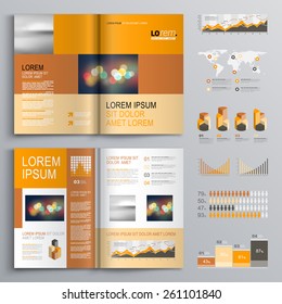 Classic brochure template design with orange and brown shapes. Cover layout and infographics