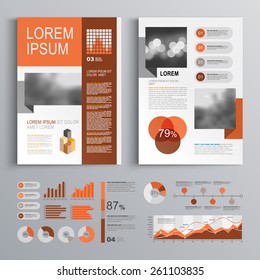 Classic brochure template design with red geometric stripe. Cover layout and infographics