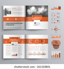 Classic brochure template design with red geometric stripe. Cover layout and infographics