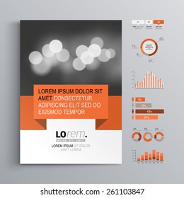 Classic brochure template design with red geometric stripe. Cover layout and infographics