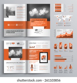 Classic brochure template design with red geometric stripe. Cover layout and infographics