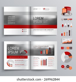 Classic brochure template design with red and gray shapes. Cover layout and infographics