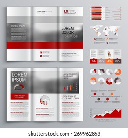 Classic brochure template design with red and gray shapes. Cover layout and infographics