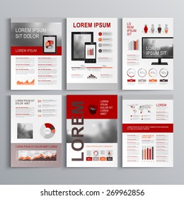 Classic brochure template design with red and gray shapes. Cover layout and infographics