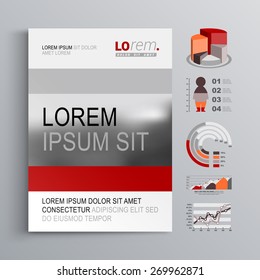 Classic brochure template design with red and gray shapes. Cover layout and infographics