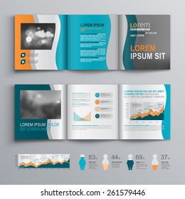 Classic brochure template design with wavy shapes. Cover layout and infographics