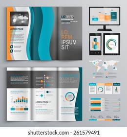 Classic brochure template design with wavy shapes. Cover layout and infographics