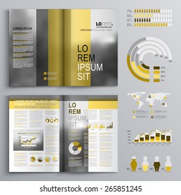 Classic brochure template design with yellow and gray shapes. Cover layout and infographics