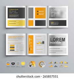 Classic brochure template design with yellow, orange and gray shapes. Cover layout and infographics