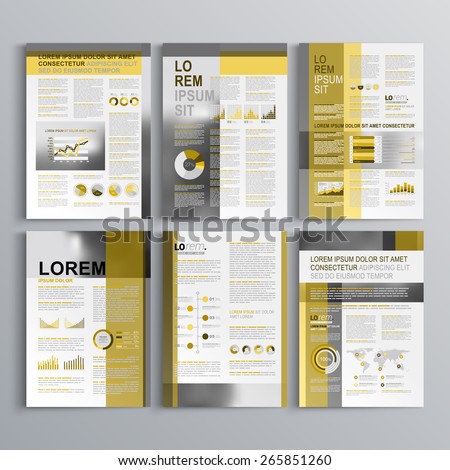 Classic brochure template design with yellow and gray shapes. Cover layout and infographics