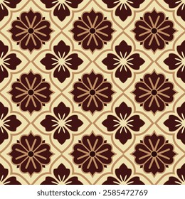 Classic brown and beige floral pattern. Pattern arranged in a regular, geometric grid. Motif repeats seamlessly for continuous background.