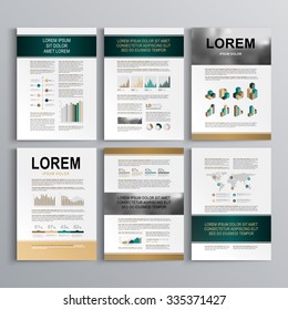 Classic brown brochure template design with blue horizontal stripes. Cover layout and infographics