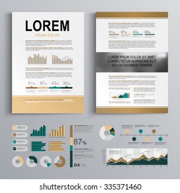 Classic brown brochure template design with blue horizontal stripes. Cover layout and infographics