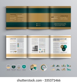 Classic brown brochure template design with blue horizontal stripes. Cover layout and infographics