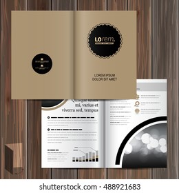Classic brown brochure template design with black round element. Cover layout