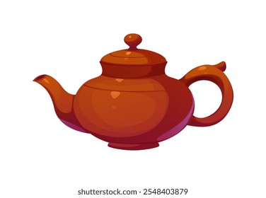 Classic brown Chinese clay teapot for lunar new year holiday ceremony, traditionally used for brewing tea. Isolated vector kettle with round body, curved handle, and spout, showcasing Asian elegance