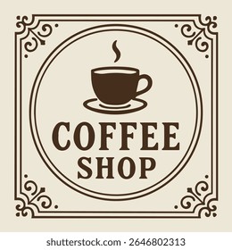 Um logotipo clássico da cafeteria marrom com uma xícara de vapor dentro de uma moldura bege ornamentada. Perfeito para cafés, restaurantes ou branding que procuram uma vintage, estética convidativa.