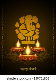 classic brown color background design for diwali festival with lord Ganesha and beautiful lamps.