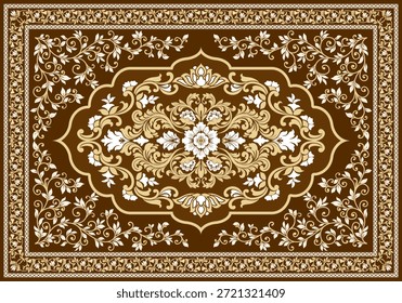 Classic brown damask carpet featuring golden floral ornaments, symmetrical centerpiece, and elegant vintage border details.