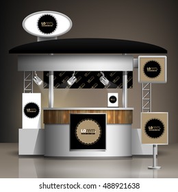 Classic brown exhibition stand design with black round element. Booth template. Corporate identity