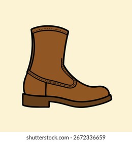 A classic brown leather boot, side view, flat vector icon with bold black outlines, solid brown colors, isolated on a light beige background