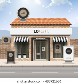 Classic brown store design with black round element. Elements of outdoor advertising. Corporate identity