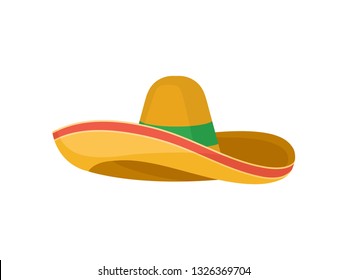 Classic brown straw sombrero. Traditional Mexican headdress. Broad-brimmed hat. Flat vector design