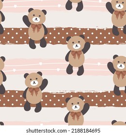 Classic brown teddy bear with a bow tie on a pastel brown background with polka dot texture, cute woodland animals kids seamless pattern background for wrapping paper, fabric and textile print