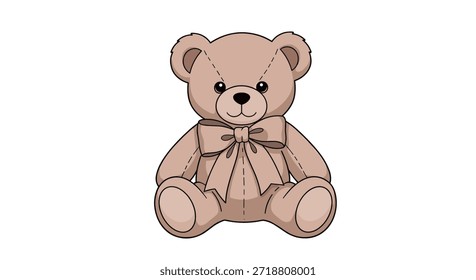 Oso de peluche marrón clásico con detalles cosidos y un lazo Grande alrededor de su cuello, sentado en un estilo de dibujos animados simple y lindo.