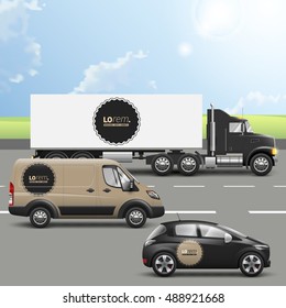 Classic brown transport advertising design with black round element. Templates of the truck, bus and passenger car. Corporate identity